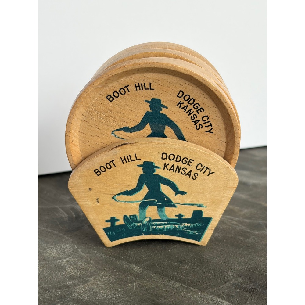 Vintage Boot Hill Dodge City Kansas Wooden Coaster Set of 6 with Caddy Western